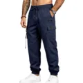 Men's Casual Multi-Pocket Cargo Pants Outdoor Athletic Training Drawstring Joggers. - Navy Blue