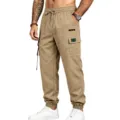 Detailed view of men's khaki cargo pants featuring multiple pockets and comfortable cuffed ankles. - S / Bottoms / Khaki
