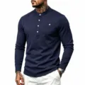 Heren Donkerblauw Longsleeve Henley Shirt Standkraag Casual Grote Maat Top Nieuw - S / Tops / Marineblauw