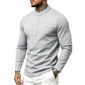 Heren Lang mouw Henley Shirt Vintage Opstaande Kraag Casual Losse Fit Pullover Top - Lichtgrijs
