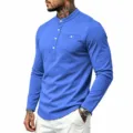 Heren blauw lang mouw henley shirt, casual opstaande kraag pullover met knopen en borstzak. - Lichtblauw