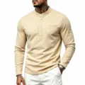 Heren long sleeve henley shirt in kaki met opstaande kraag en knoopsluiting voor een casual stijl. - Abrikoos