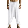 Men white linen harem pants casual loose drawstring dropped crotch beach trousers summer - S / Bottoms / White