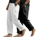 Men loose linen casual beach pants detail showcasing fabric texture and drawstring waist. - S / Bottoms / White and Black