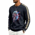 Men waffle knit long sleeve sweatshirt with contrast stripe sleeves and cool headdress print. - S / Navy Blue