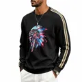 Cyber style graphic men waffle knit sweatshirt, crewneck long sleeve detail view. - S / Black