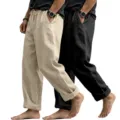 Men's loose linen casual straight trousers beach streetwear comfortable two-piece set spring - S / Bottoms / Khaki & Black