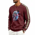 Men waffle knit long sleeve crewneck sweatshirt with tribal graphic and contrast side stripes. - S / Burgundy