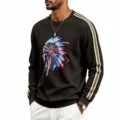 Men's waffle knit sweatshirt with graphic print, casual long sleeve crewneck top detail view. - S / Coffee