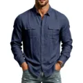 Camisa de lino de manga larga informal para hombre con dos bolsillos en el pecho - S / Tops / Azul Marino