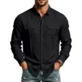 Camisa de Hombre Negra de Manga Larga de Lino Casual con Bolsillos para Primavera - S / Tops / Negro
