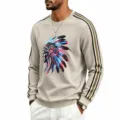 Men's casual waffle knit crewneck sweatshirt with unique Indian graphic print and striped sleeves. - Khaki