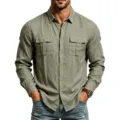 Camisa de Lino Manga Larga Verde Oliva Hombre Casual Cuello con Dos Bolsillos - S / Tops / Verde Militar