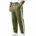 Men's casual loose fit green sweatpants with white side stripe and drawstring waist. - Army Green