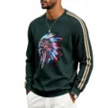 Men Casual Waffle Knit Native American Print Long Sleeve Contrast Stripe Sweatshirt - Dark Green