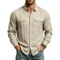 Camisa casual de manga larga de lino para hombre con dos bolsillos en el pecho de color caqui. - Caqui