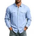Camisa casual de manga larga de lino para hombre en azul claro con bolsillos en el pecho. - Azul claro