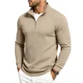 Sudadera Hombre Casual Cremallera Cuarto Jacquard Cuadros Cuello Alto Manga Larga - Caqui