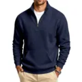 Men casual quarter zip fleece sweatshirt solid color stand collar pullover autumn winter top - S / Tops / Navy Blue