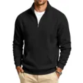 Men's black quarter-zip fleece sweatshirt, casual stand collar pullover with pocket. - S / Tops / Black