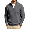 Men's Dark Grey Quarter-Zip Stand Collar Sweatshirt Casual Fleece Pullover with Pocket - Dark Gray