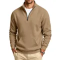 Men's Solid Quarter-Zip Fleece Sweatshirt Casual Stand-Collar Pullover Khaki Variant - Camel