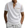 Men's summer casual short-sleeve henley shirt with contrast stitching and pocket. - S / Tops / White