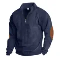 Men's half-zip corduroy sweatshirt with collar and elbow patches for autumn and winter. - S / Navy Blue