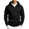 Black quarter-zip hoodie detail showing zipper and front pocket design for men activewear. - S / Tops / Black