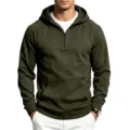 Army green half-zip hoodie detail, featuring a cozy drawstring hood and a practical pocket. - S / Tops / Army Green