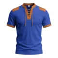 Mens waffle knit t-shirt colorblock drawstring short sleeve casual top summer fashion - S / Tops / Sapphire Blue