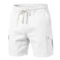 Herren Freizeit Leinen Cargo Shorts Detailansicht, uni weiss, verstellbarer Kordelzug. - S / Weiß