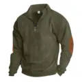 Men's half-zip corduroy sweatshirt with stand collar and elbow patches, casual long sleeve top. - S / Army Green