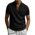 Men's casual contrast stitch short sleeve henley shirt detail view with pocket and stylish collar. - S / Tops / Black