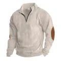 Men's half-zip corduroy sweatshirt casual stand collar long sleeve top with elbow patches. - Apricot