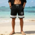 Men's casual beach shorts linen texture summer vacation rune printed board shorts activewear - S / Black