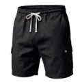 Men's casual cargo shorts detailed view, featuring cotton linen fabric and drawstring waistband. - S / Bottoms / Black