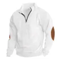 Men's Half Zip Corduroy Sweatshirt White Long Sleeve Pullover with Elbow Patches Size M - White