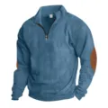 Men's Solid Color Corduroy Quarter-Zip Sweatshirt Casual Stand Collar Long Sleeve Pullover Top - Denim Blue