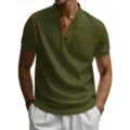 Men's casual olive green contrast stitching short sleeve henley shirt detail view, retro style. - Army Green