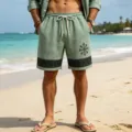 Men's casual breathable linen-blend beach shorts with rune print and drawstring waist. - S / Light Green