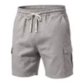 Men's casual grey linen cargo shorts with elastic drawstring waist and side pockets. - S / Bottoms / Gray