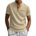 Men casual short sleeve polo shirt henley neck beige top with contrast stitching pocket - Khaki
