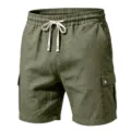 Men's casual cargo shorts detail, featuring elastic drawstring waist and multi-pockets. - S / Bottoms / Army Green