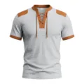 Men short sleeve waffle knit t-shirt with contrast drawstring v-neck and color block shoulders. - S / Tops / Light Gray