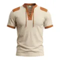 Men's waffle knit short sleeve t-shirt casual contrast color lace-up top detail view. - Apricot
