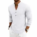 White long sleeve men's linen henley shirt casual v-neck button-up top detail view - S / Tops / White