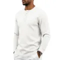 Men's white waffle knit long sleeve Henley shirt detail view showing button placket and texture - S / White