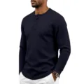 Men's waffle knit long sleeve henley shirt, casual textured pullover with button placket. - S / Navy Blue