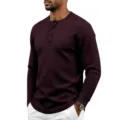 Men's waffle knit long sleeve Henley shirt detail view showcasing texture and three button placket. - S / Burgundy